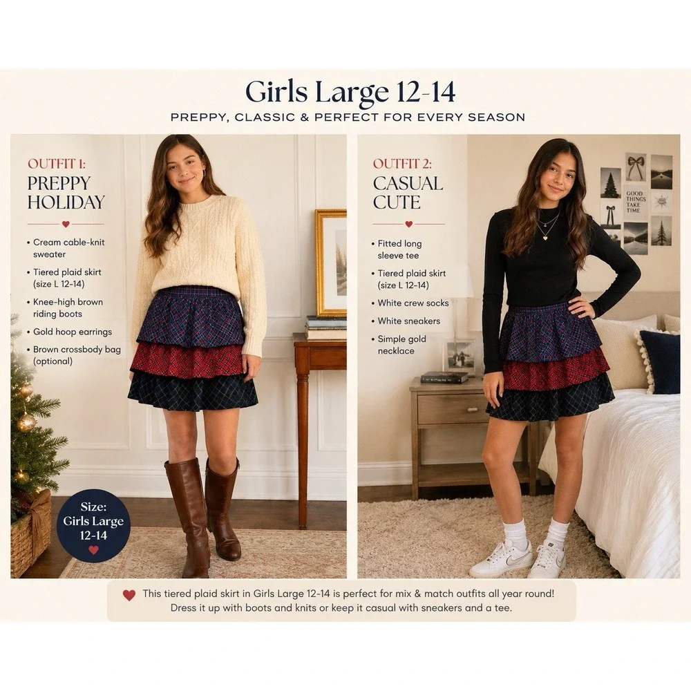 Polo Ralph Lauren Girls Plaid Tiered Ruffle Skirt Size L 12-14 Preppy Holiday